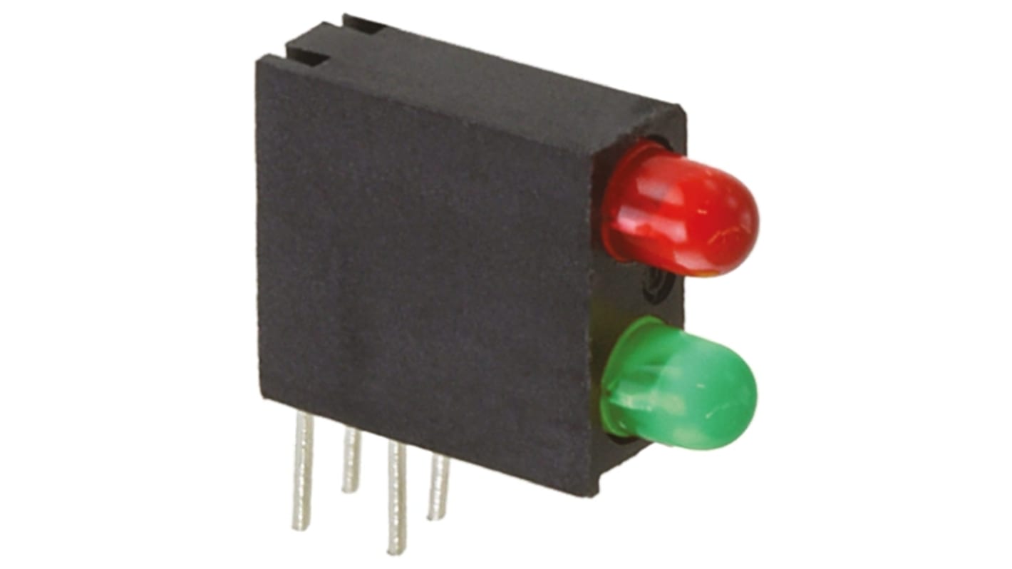 Indicador LED para PCB a 90º Dialight verde y rojo, λ 565 / 635 nm, 2 LEDs, 20 V, 60 °, dim. 8.1 x 4.3 x 9.7mm, mont.