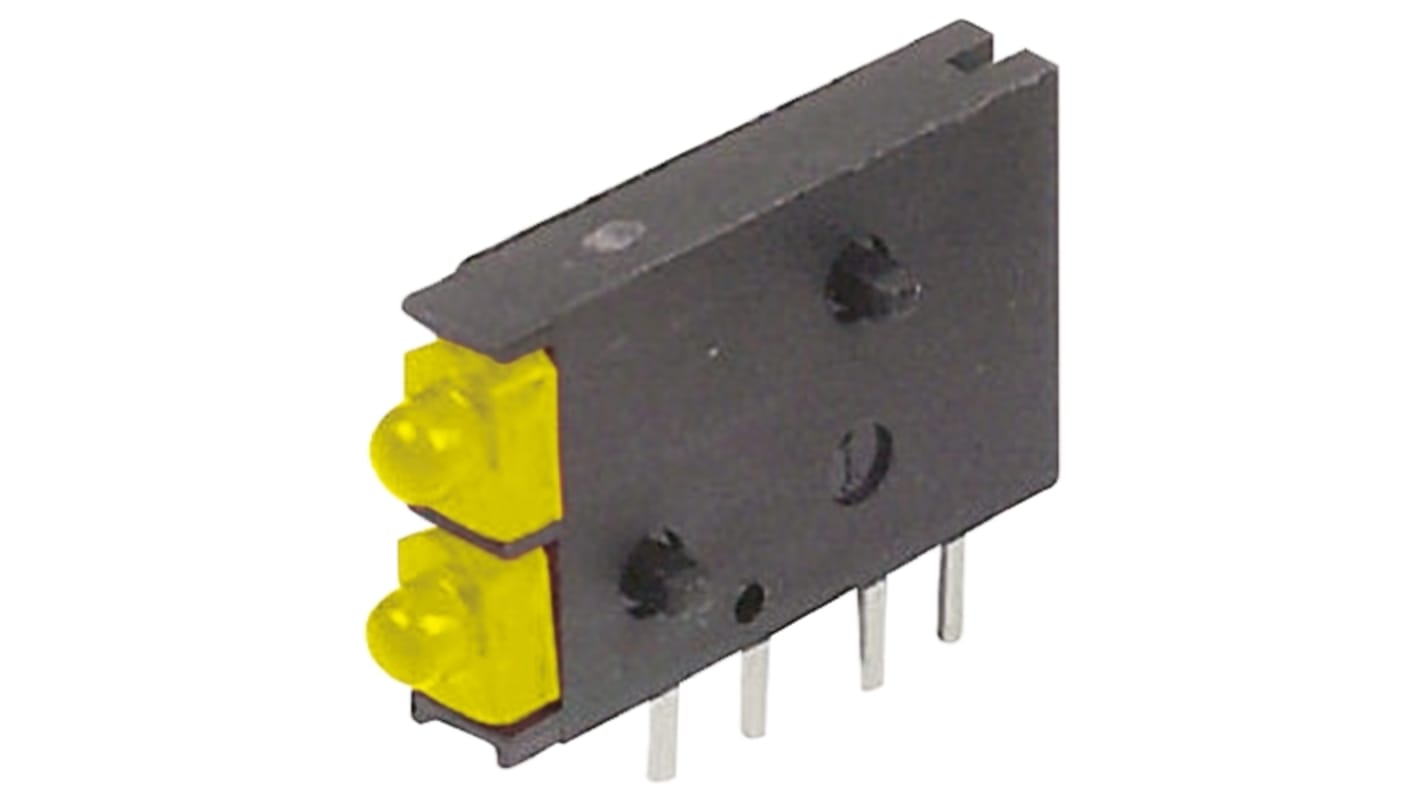 Indicador LED para PCB a 90º Dialight Amarillo, λ 585 nm, 2 LEDs, 2,1 V, 38 °, dim. 15.24 x 2.5 x 8.6mm, mont. pasante