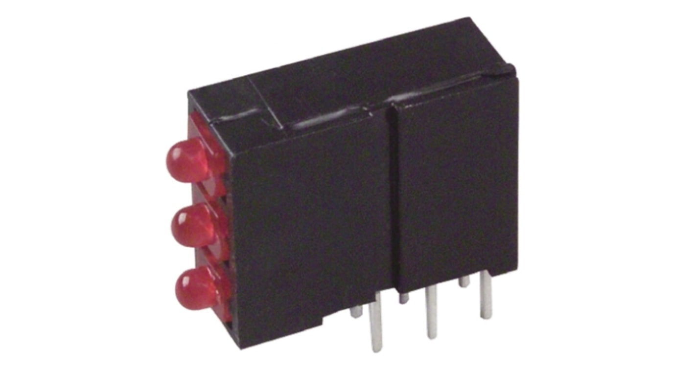 Indicador LED para PCB a 90º Dialight Rojo, λ 625 nm, 3 LEDs, 2,5 V, 38 °, dim. 14.62 x 4.97 x 10.17mm, mont. pasante