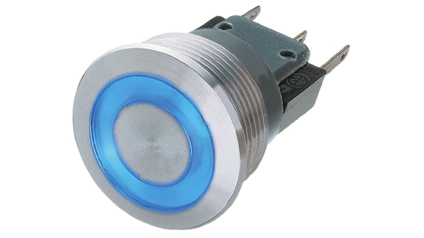 Schurter Illuminated Push Button Switch, Momentary, Panel Mount, 19.1mm Cutout, SPDT, Blue LED, 250V ac, IP40