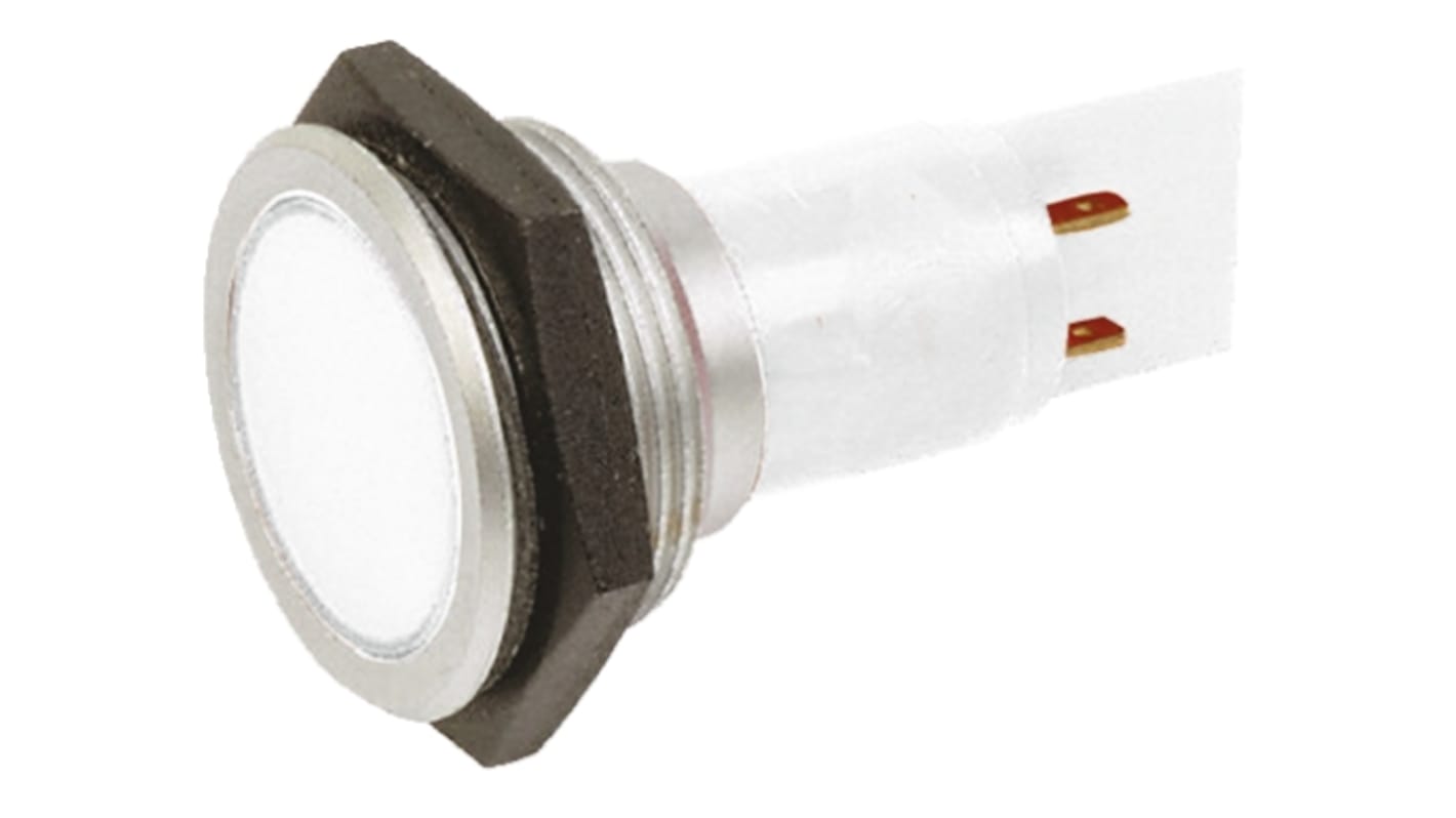 Indicador LED Signal Construct, Blanco, lente enrasada, marco Cromo, Ø montaje 30mm, 230V ac, 4.2mA, 500mcd, IP67