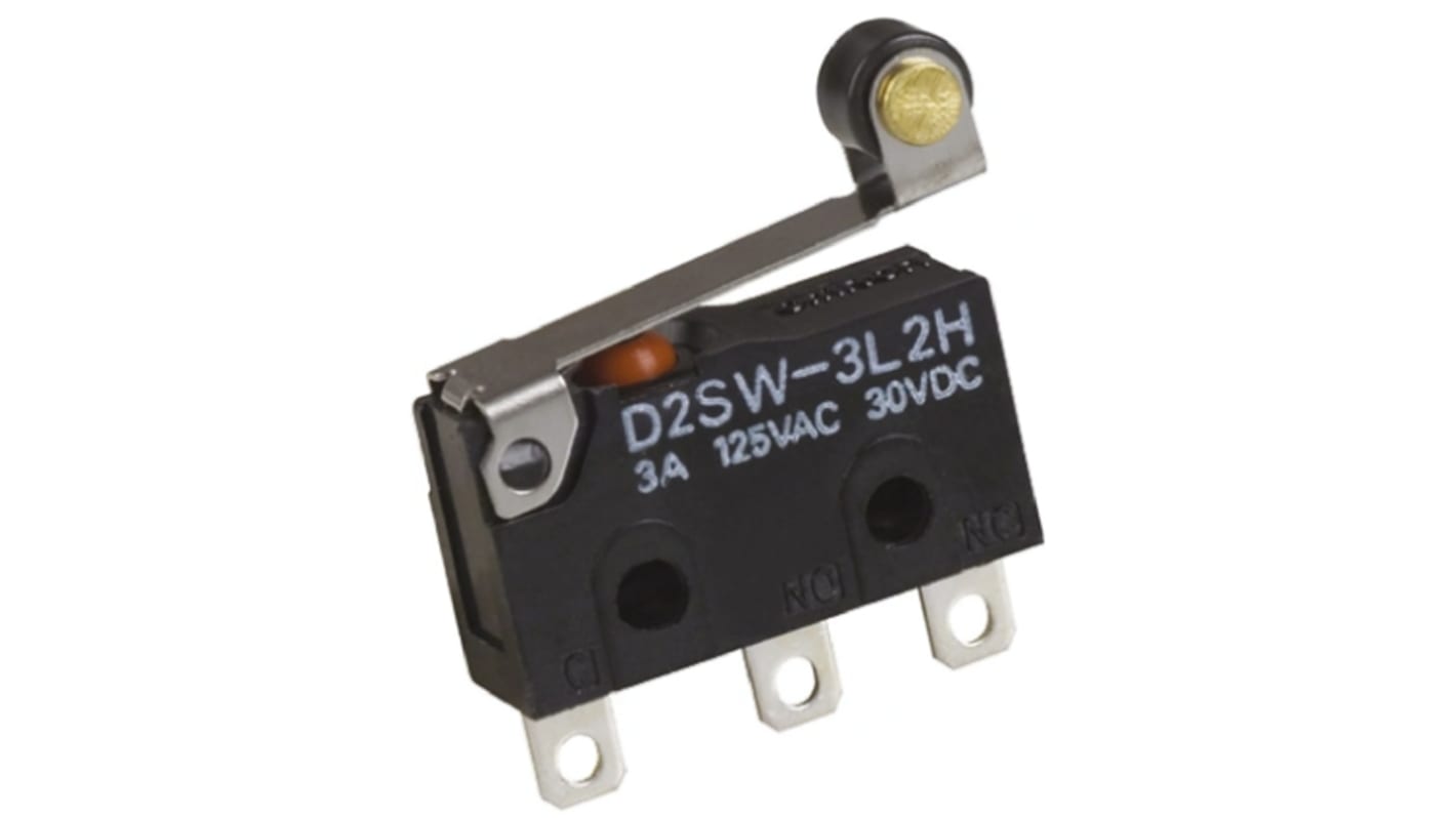 Microswitch, Arm med rulle aktuator, 1-polet skifte 3 A, 30 V dc