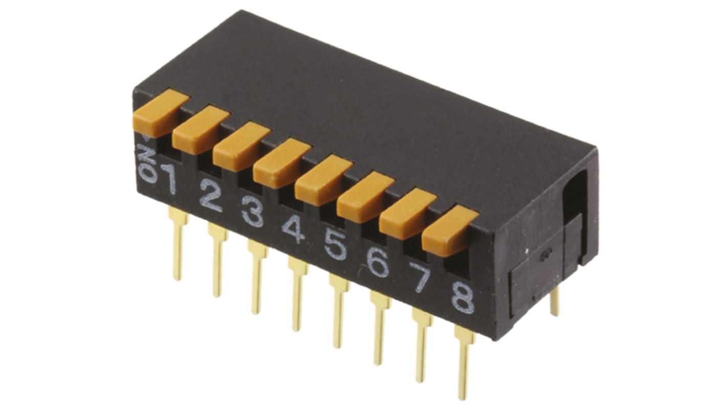 Interruttore DIP A6DR-8100, 8PST, 100 mA a 5 V c.c., 8 posizioni, attuatore Piano, Foro passante