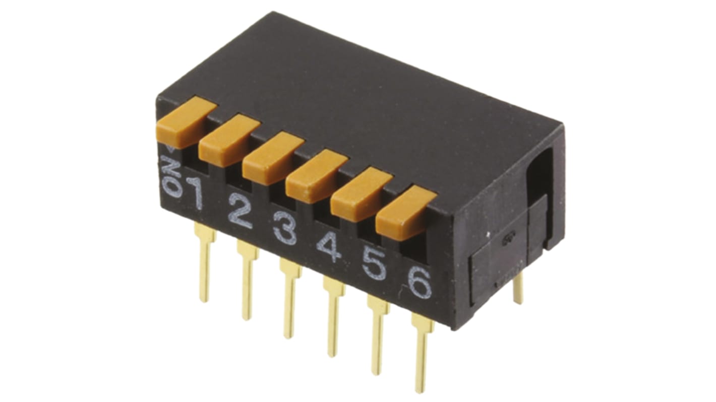 DIP switch 6-polet, Hulmontering, Klaver 100 mA ved 5 V dc, 6-vejs, -20 → +70°C