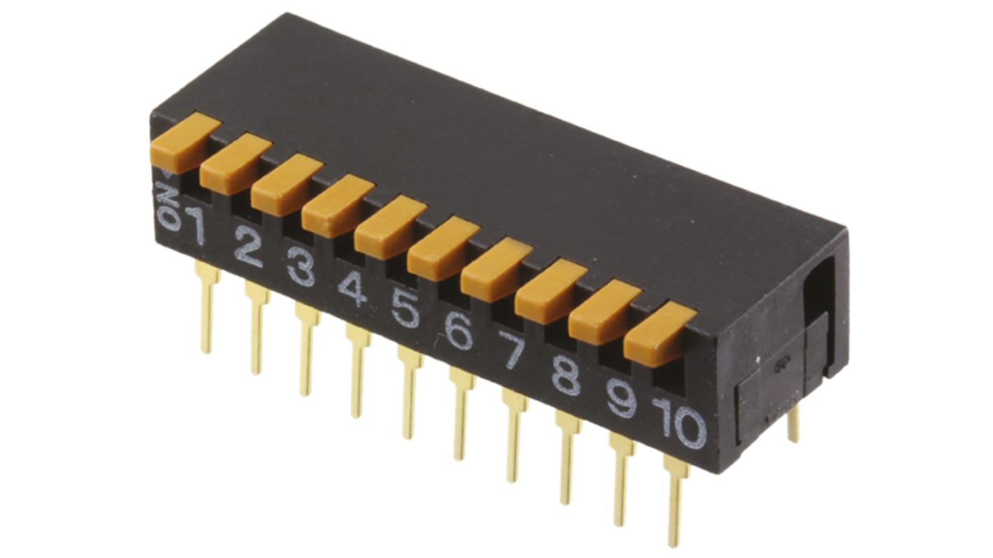 Interruptor DIP, 10 p, Montaje en orificio pasante, Actuador Piano, 100 mA a 5 V dc, 10 vías, -20 → +70°C