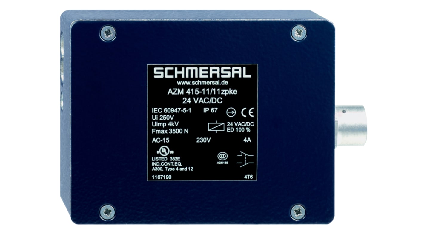 Interruptor de bloqueo por solenoide Schmersal AZM 415, 24V ac/dc, cont. aux. 2NA, Alimentar para desbloquear, IP67