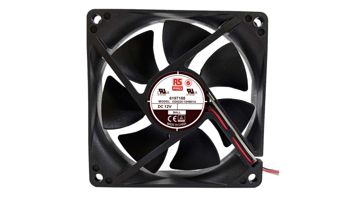 RS PRO DC-Axiallüfter, Kugellager, 12 V dc / 3W, 92.5 x 92.5 x 25mm, 2900U/min, 90m³/h