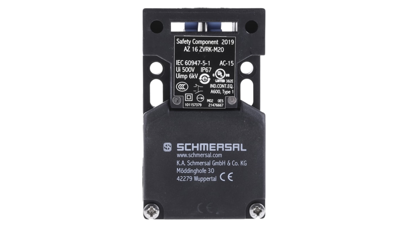 Interruptor de Bloqueo de Seguridad Schmersal AZ16ZVRK-M20, M20, 3, 1NC/1NO, 4 A, 230V, 24V, 1NO, 1NC, Glass Fibre