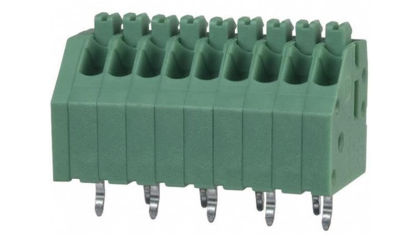 Borne para PCB Phoenix Contact de 9 vías , paso 2.5mm, 2A, de color Verde, montaje Montaje en orificio pasante,
