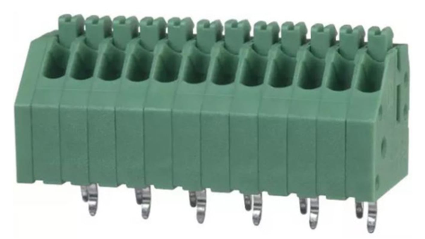 Borne para PCB Phoenix Contact de 12 vías, paso 2.5mm, 2A, de color Verde, montaje Montaje en orificio pasante,