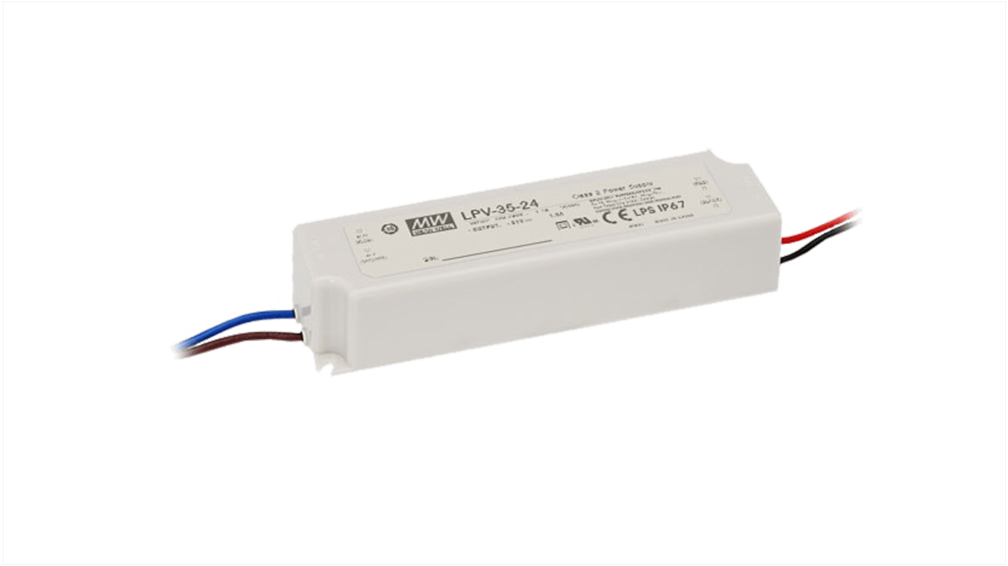 Driver LED tensión constante MEAN WELL de salidas, IN: 90 → 264 V ac, OUT: 24V, 1.5A, 36W, no regulable, IP67