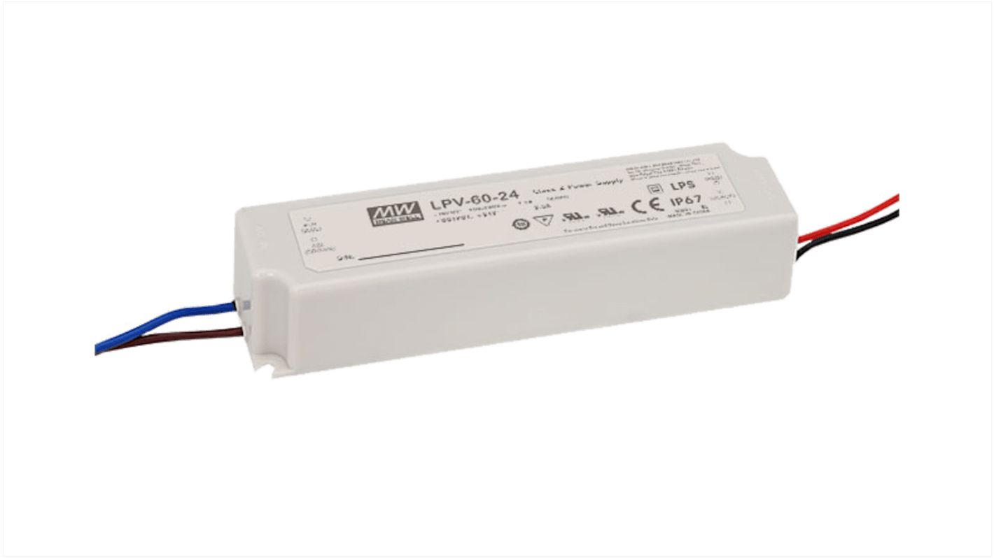 Driver LED tensión constante MEAN WELL de salidas, IN: 90 → 264 V ac, OUT: 15V, 4A, 60W, no regulable, IP67