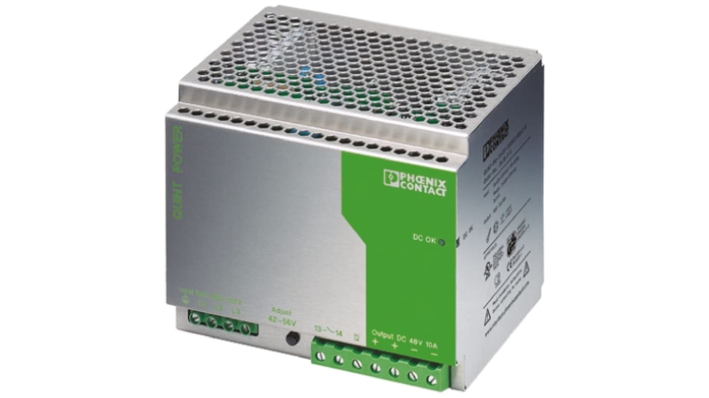 Phoenix Contact QUINT-PS-3X400-500AC/48DC/10 Switch Mode DIN Rail Power Supply, 400V ac ac Input, 48V dc dc Output, 10A