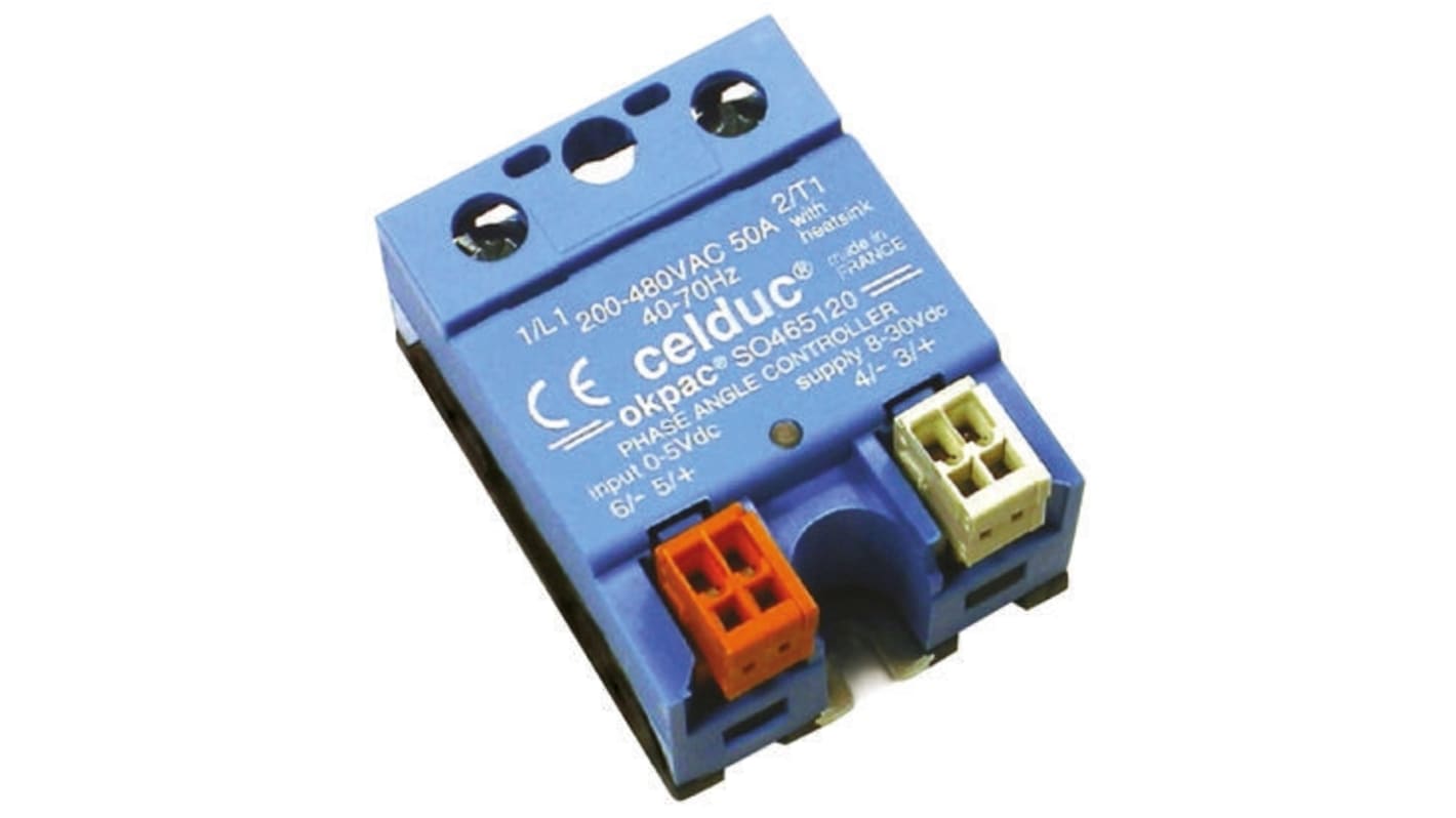 Relé de estado sólido Celduc okpac SO4 de 1 polo, control 0 → 10 V, carga 200 → 480V ac, 50 A máx.,