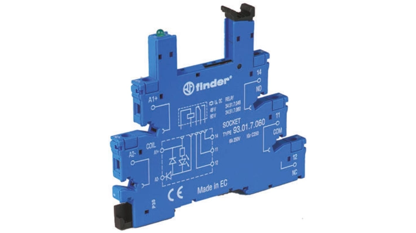 Finder 93 5 Pin 250V ac DIN Rail Relay Socket, for use with 34.51, 34.81