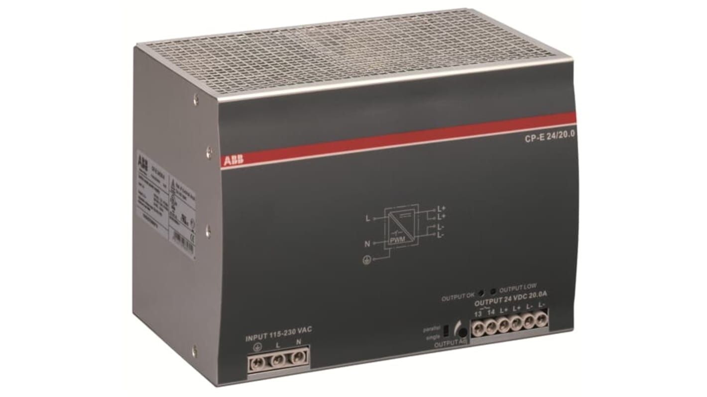 ABB CP-E -Phasen Switch-Mode DIN-Schienen Netzteil 480W, 90 → 264 V ac / 120 →370V dc, 24V dc / 20A