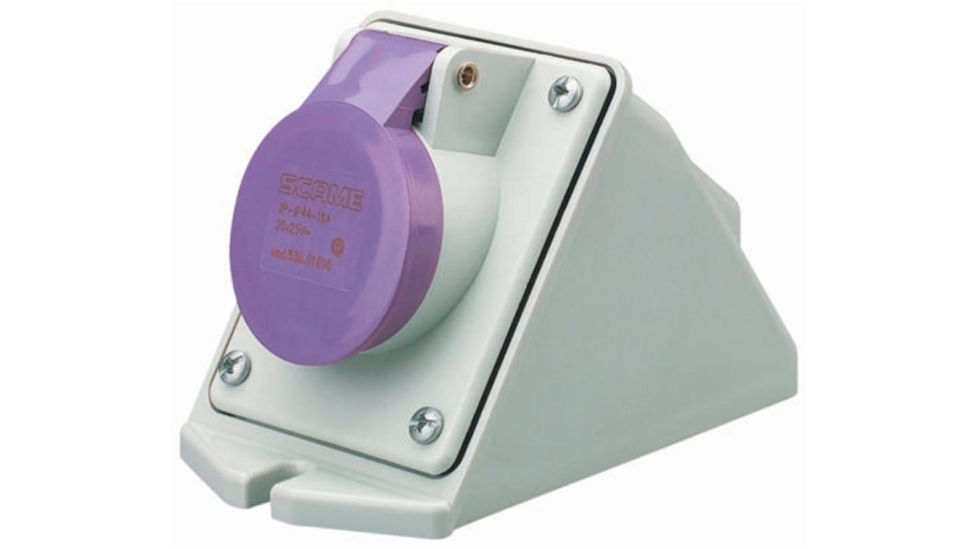 Scame IP44 Purple Wall Mount 3P Right Angle Industrial Power Socket, Rated At 16A, 20 → 25 V