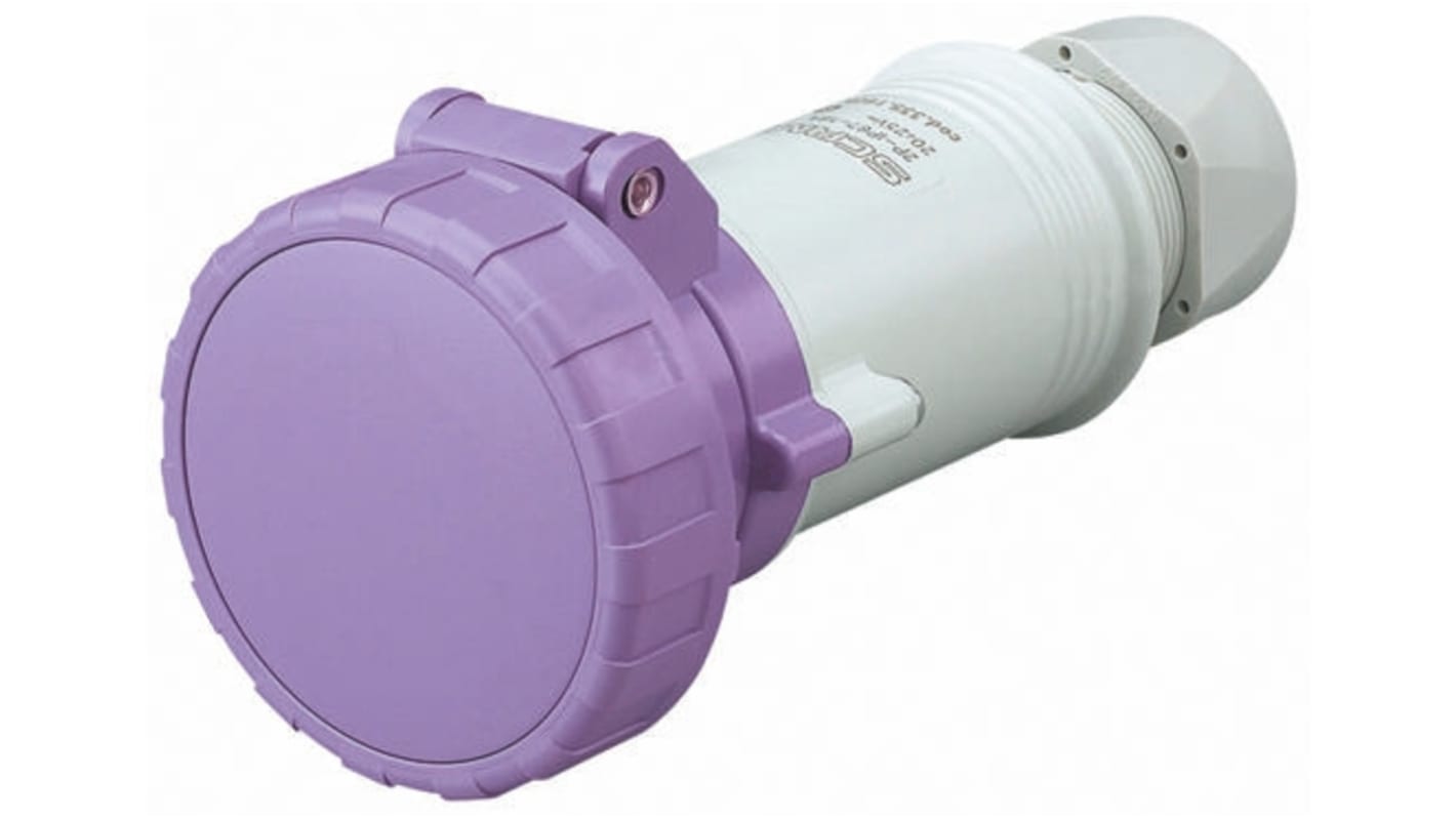 Conector de potencia industrial Hembra, Formato 2P, Orientación Recto, Morado, 20 → 25 V., 16A, IP66, IP67