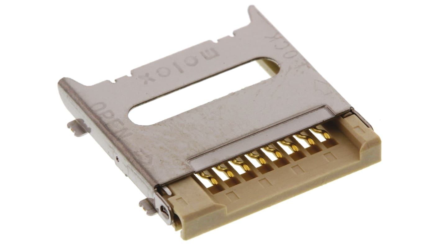 Conector para tarjeta de memoria MicroSD Molex serie TRANSFLASH de 8 contactos, paso 1.1mm, 1 fila, montaje superficial