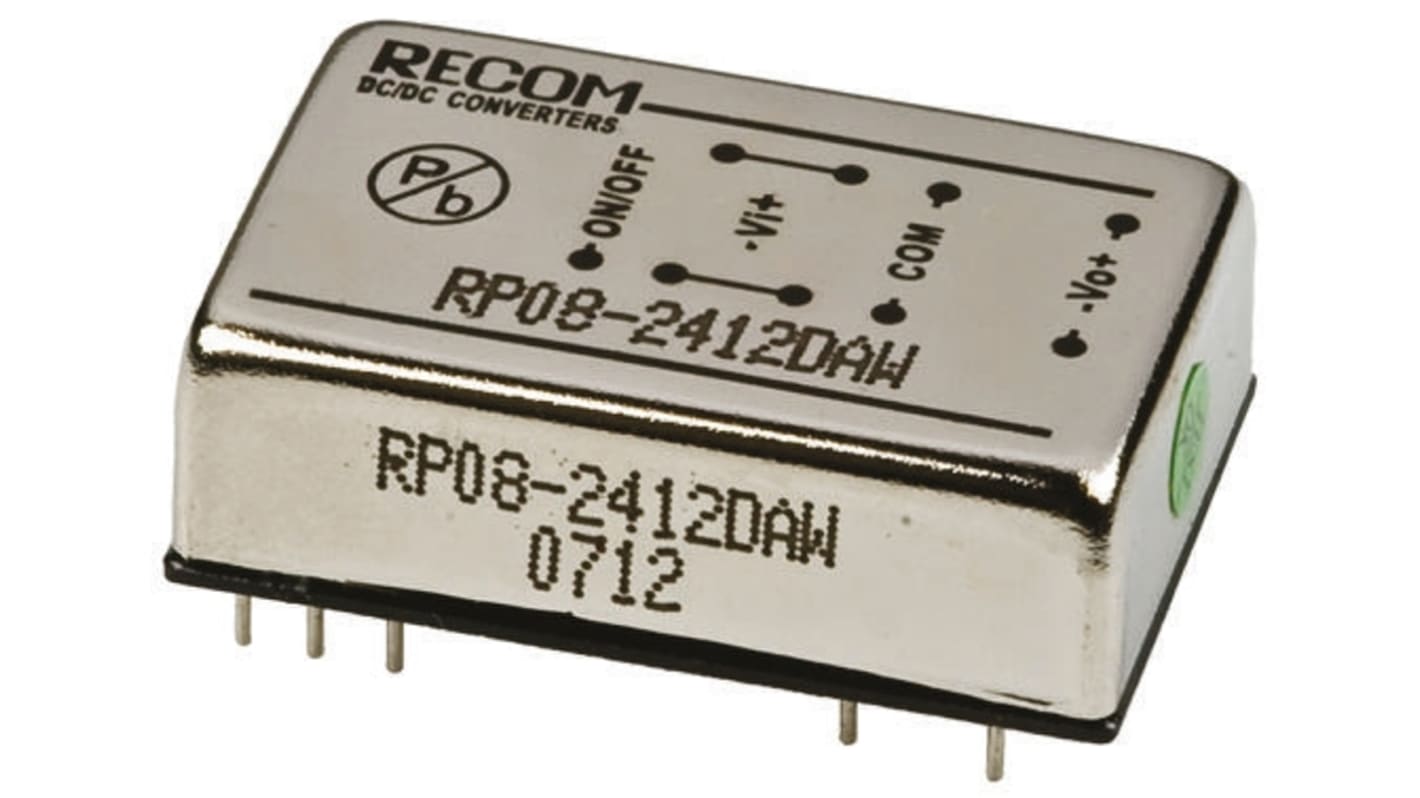 Recom RP08-AW DC/DC-Wandler 8W 24 V dc IN, ±12V dc OUT / ±333mA Durchsteckmontage 1.6kV dc isoliert