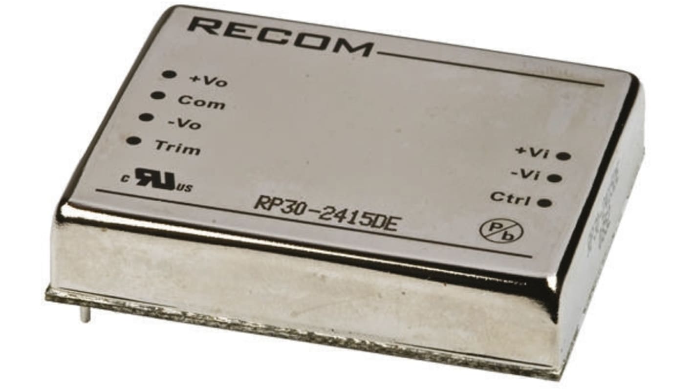 Recom RP30 E DC-DC Converter, ±15V dc/ ±1A Output, 18 → 36 V dc Input, 30W, Through Hole, +85°C Max Temp -40°C