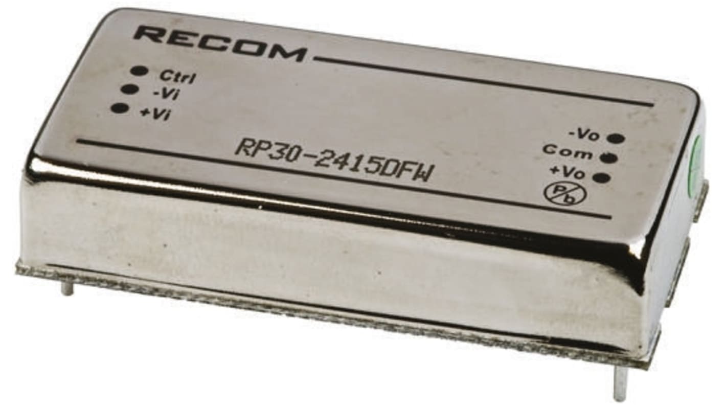 Recom RP30 FW DC-DC Converter, ±15V dc/ ±1A Output, 9 → 36 V dc Input, 30W, Through Hole, +85°C Max Temp -40°C