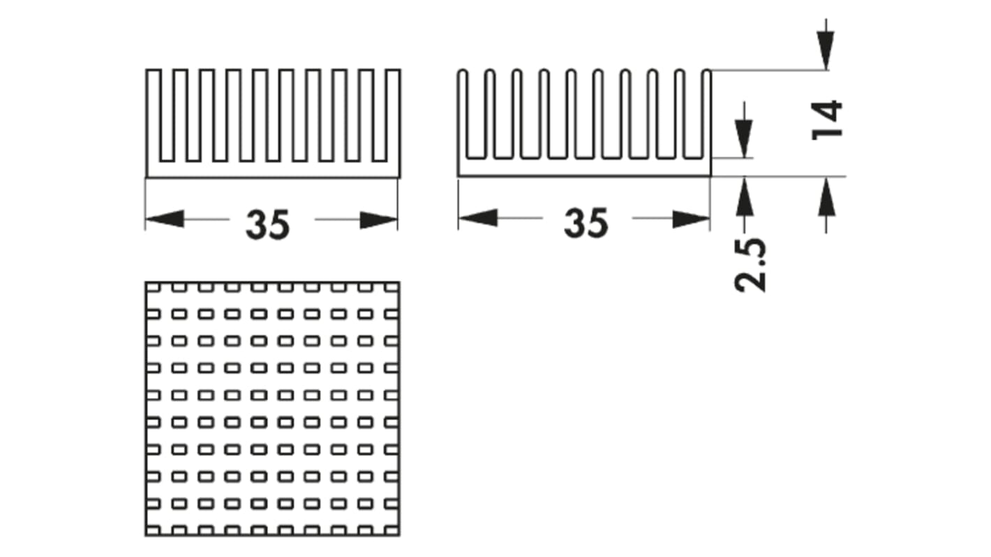 Heatsink, Universal Square Alu, 9.6K/W, 35 x 35 x 14mm, Adhesive Foil, Conductive Foil