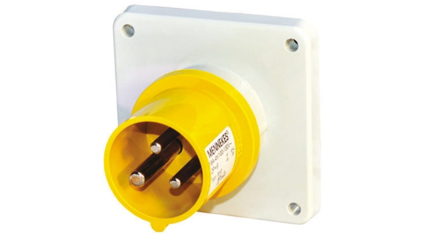 MENNEKES IP44 Yellow Panel Mount 3P Industrial Power Plug, Rated At 32A, 110 V