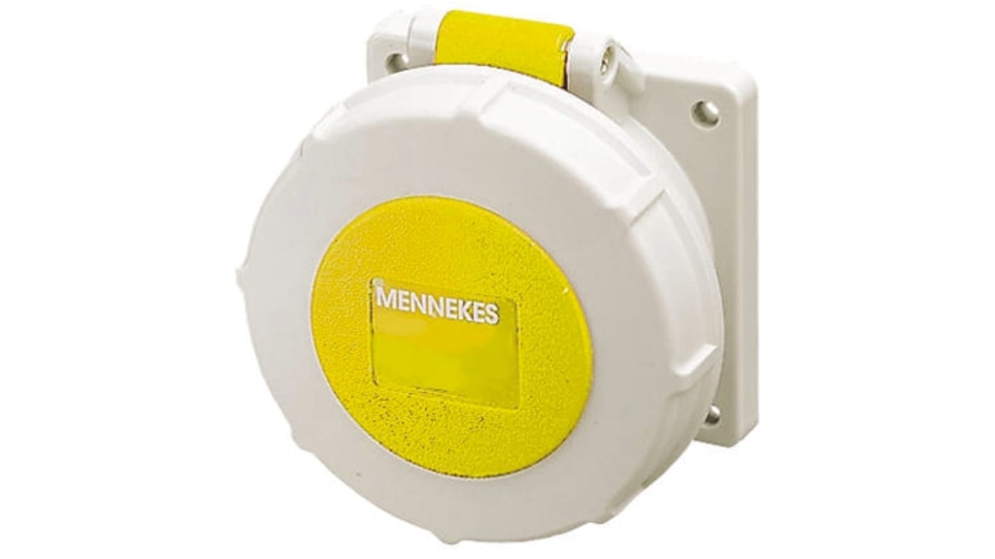 MENNEKES IP67 Yellow Panel Mount 3P Industrial Power Socket, Rated At 16A, 110 V