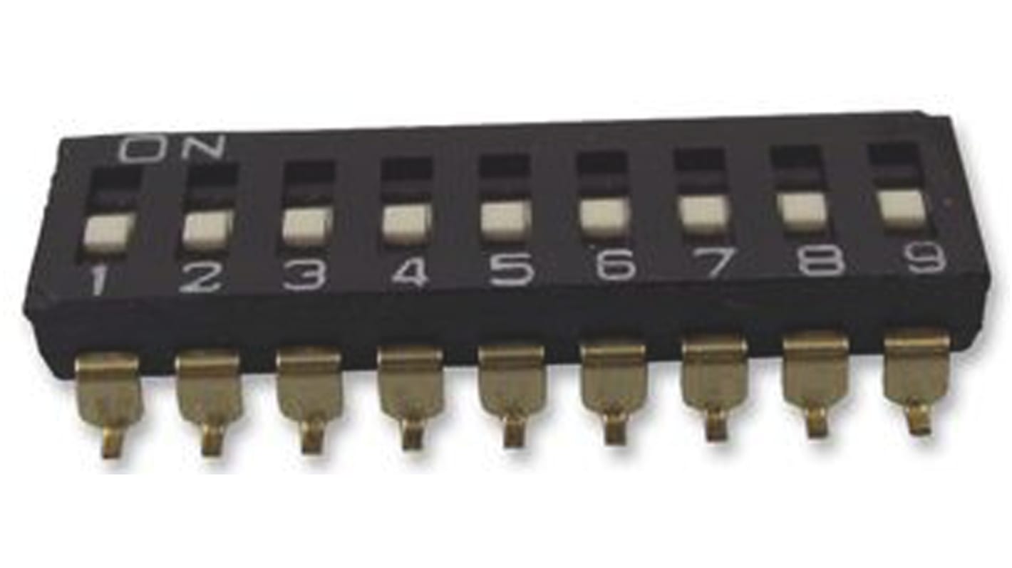 DIP switch, 9-polet, , SMD, Skyde 25 mA ved 24 V dc, 9-vejs, -20 → +70°C