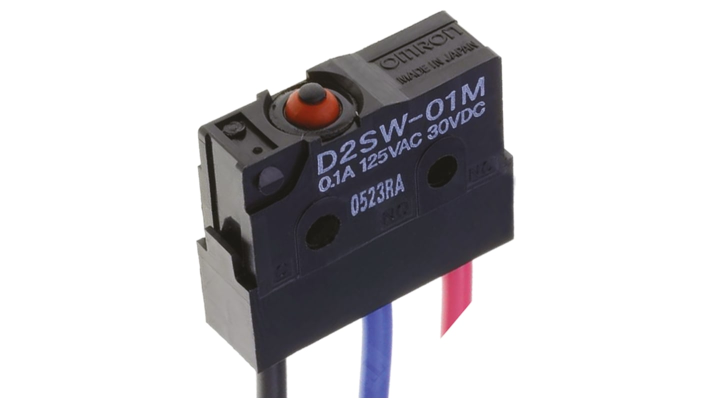 Omron Pin Plunger Micro Switch, Pre-wired Terminal, 100 mA @ 30 V dc, SPDT, IP67