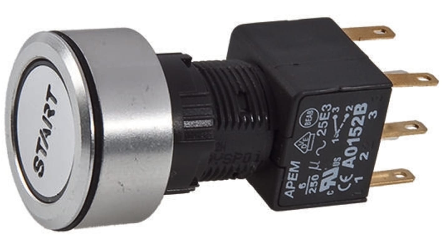 APEM Illuminated Push Button Switch, Momentary, Panel Mount, 16mm Cutout, DPDT, Blue LED, 250V ac, IP65