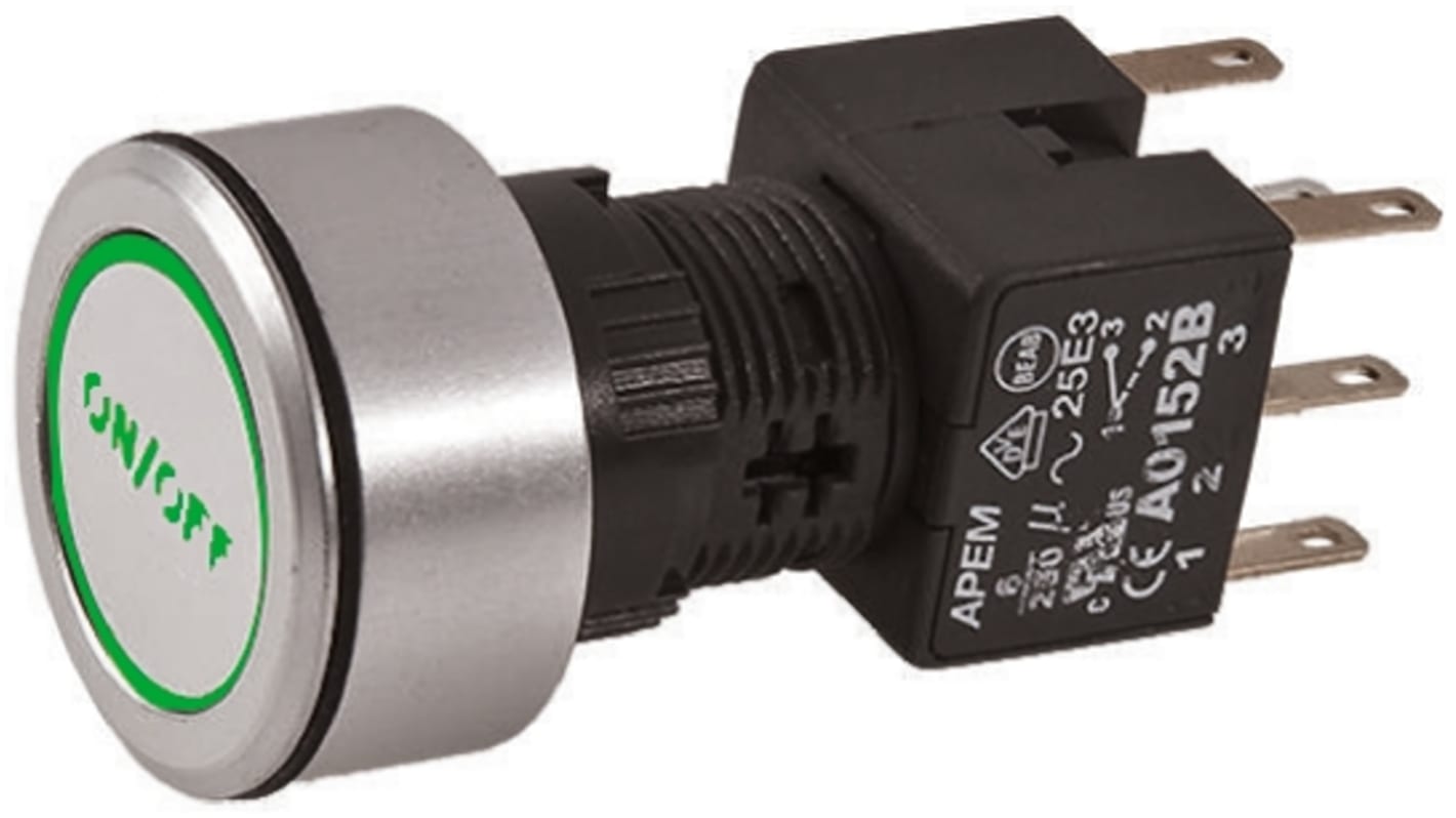 APEM Illuminated Push Button Switch, Latching, Panel Mount, 16mm Cutout, DPDT, Green LED, 250V ac, IP65