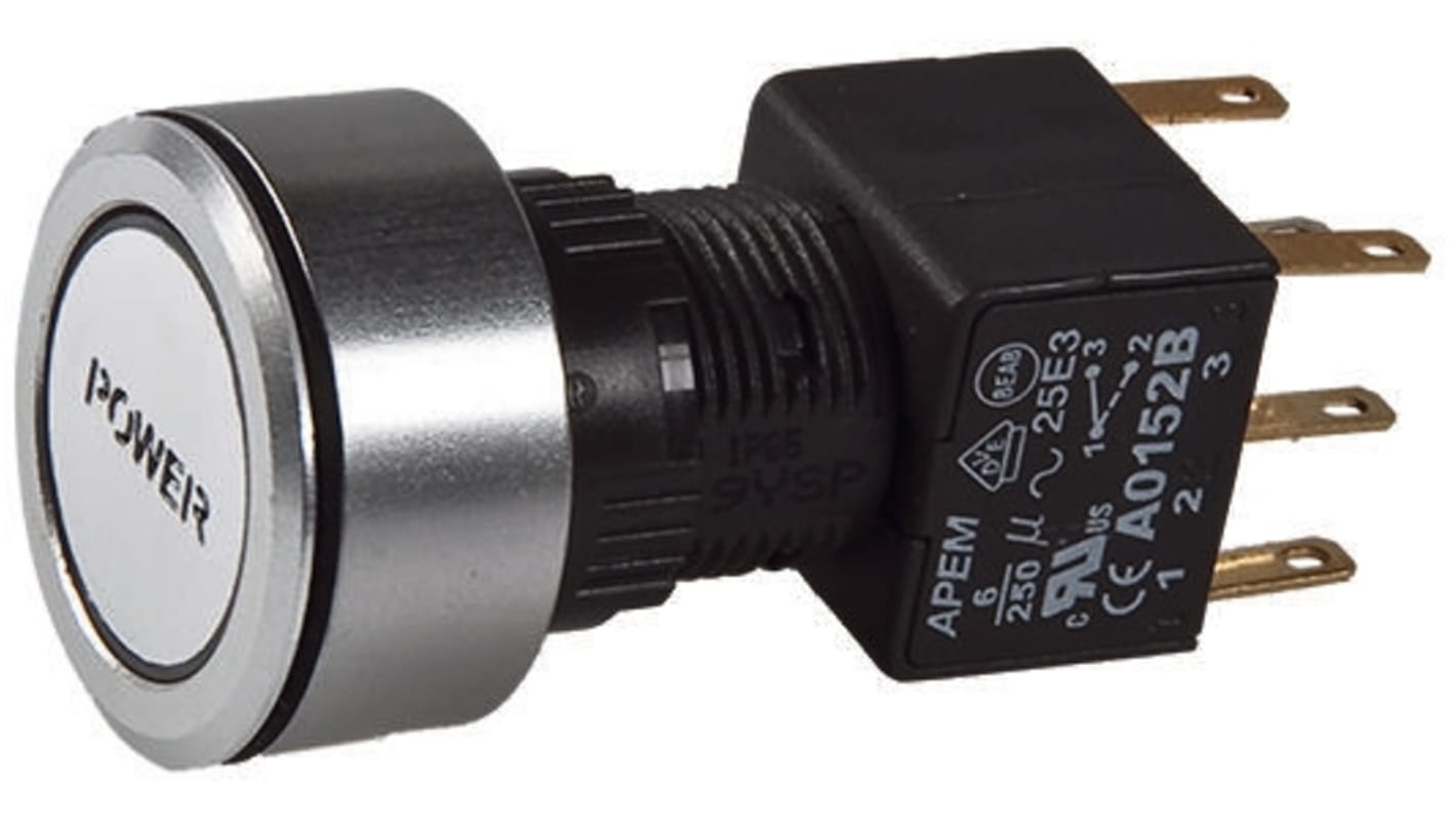 APEM Illuminated Push Button Switch, Latching, Panel Mount, 16mm Cutout, DPDT, Red LED, 250V ac, IP65