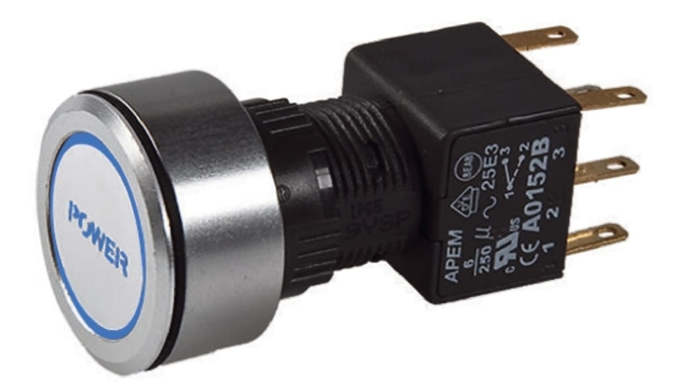 APEM Illuminated Push Button Switch, Latching, Panel Mount, 16mm Cutout, DPDT, Blue LED, 250V ac, IP65