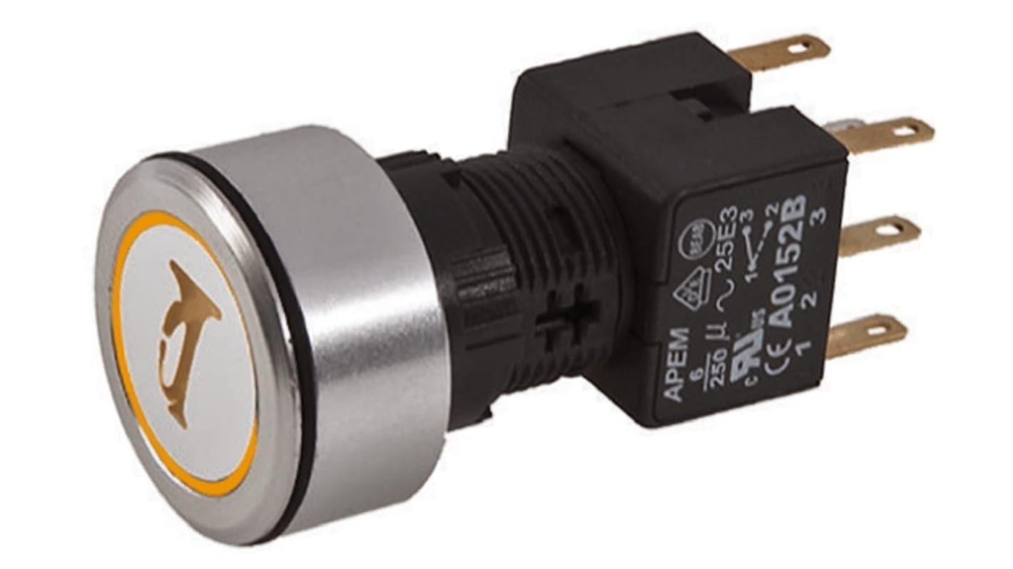 APEM Illuminated Push Button Switch, Momentary, Panel Mount, 16mm Cutout, DPDT, Amber LED, 250V ac, IP65