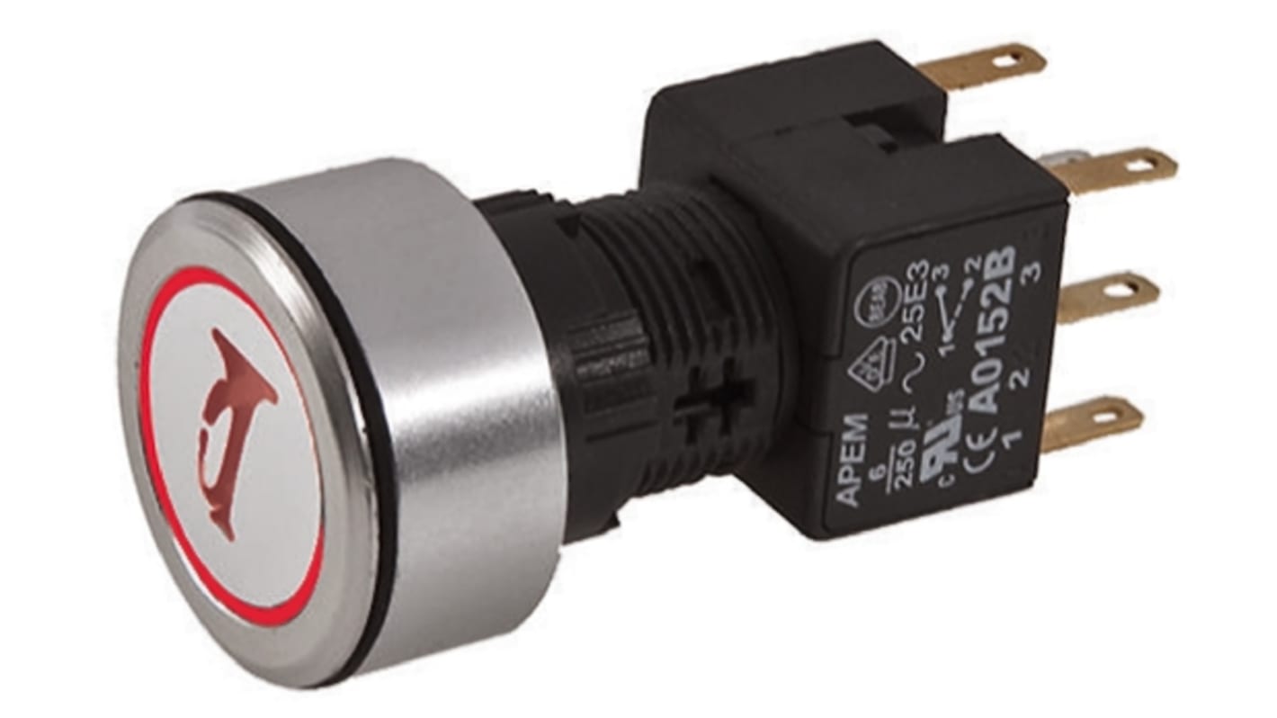 APEM Illuminated Push Button Switch, Momentary, Panel Mount, 16mm Cutout, DPDT, Red LED, 250V ac, IP65