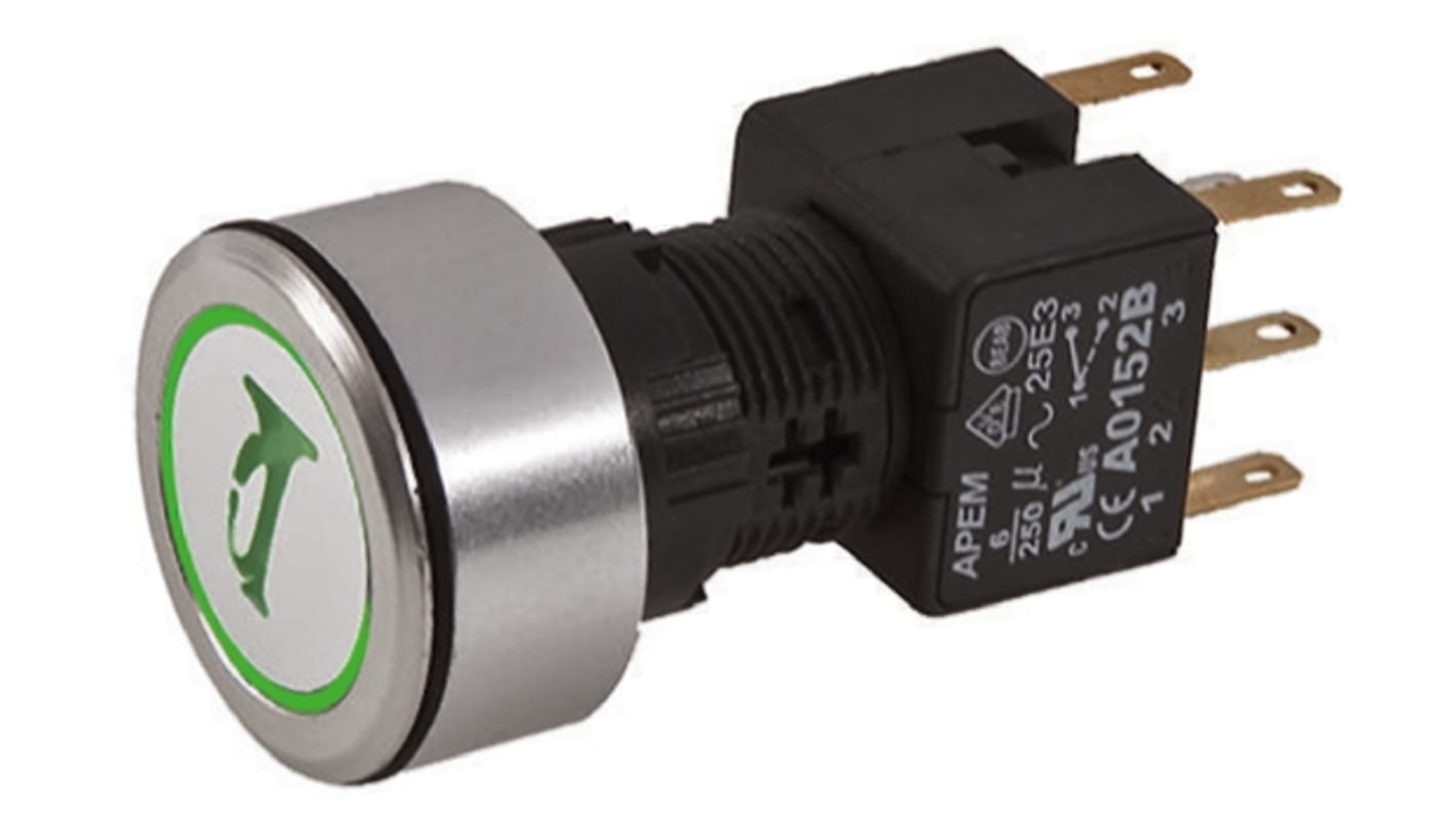 APEM Illuminated Push Button Switch, Momentary, Panel Mount, 16mm Cutout, DPDT, Green LED, 250V ac, IP65