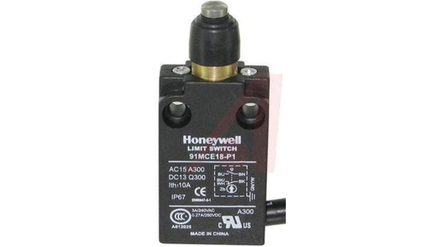 Honeywell 91MCE Series Plunger Limit Switch, NO/NC, IP67, Die Cast Zinc Housing, 300V ac Max, 10A Max