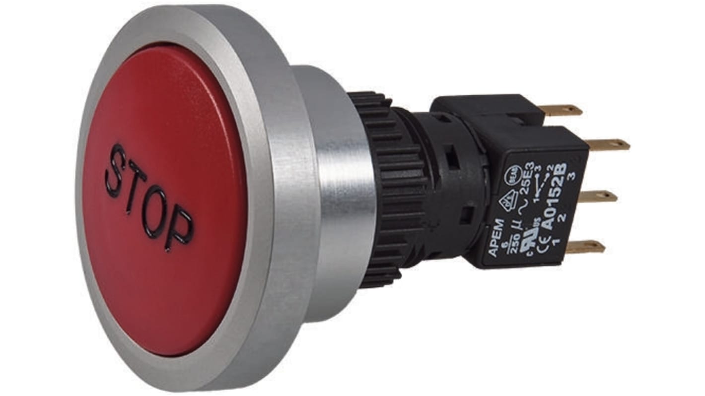 Apem Push Button Switch, Momentary, Panel Mount, 30mm Cutout, DPDT, IP65