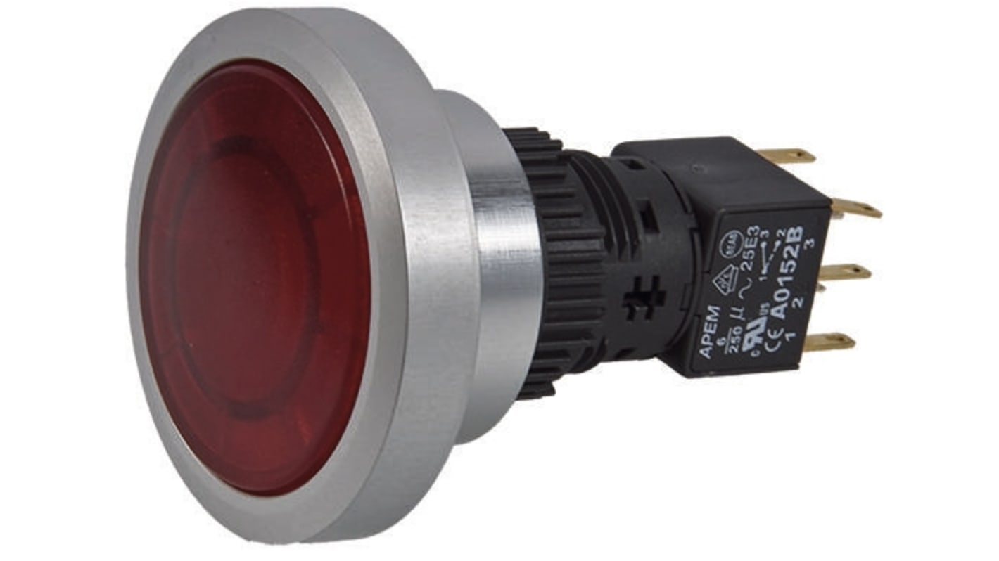 Apem Illuminated Push Button Switch, Momentary, Panel Mount, 30mm Cutout, DPDT, Red LED, IP65