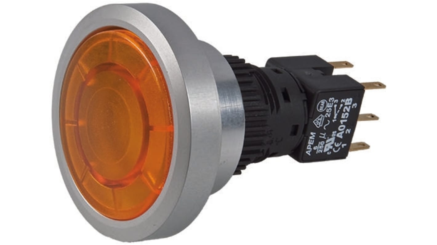 APEM Illuminated Push Button Switch, Momentary, Panel Mount, 30mm Cutout, DPDT, Amber LED, IP65