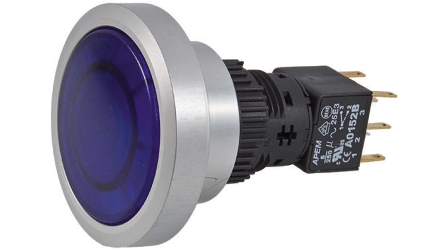 APEM Illuminated Push Button Switch, Momentary, Panel Mount, 30mm Cutout, DPDT, Blue LED, IP65