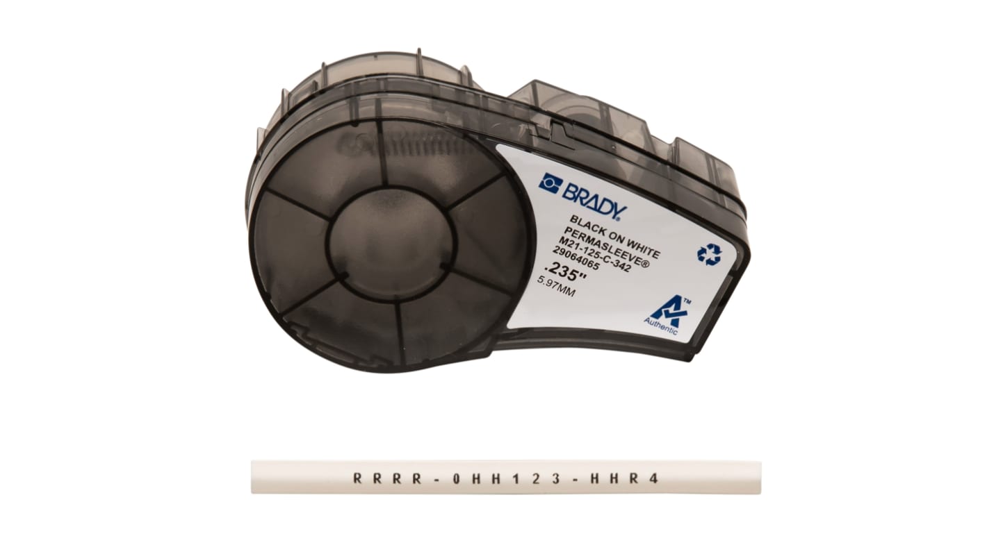 Brady B-342 PermaSleeve Black on White Label Printer Tape, 2.13 m Length, 5.97 mm Width, 6mm Label Length