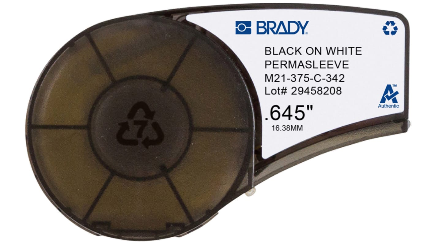 Brady B-342 PermaSleeve Black on White Label Printer Tape, 2.13 m Length, 16.38 mm Width, 16.4mm Label Length