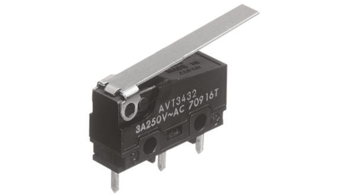 Panasonic Mikroschalter Scharnierhebel lang-Betätiger PCB, 3 A @ 250 V ac, 1-poliger Wechsler 0,25 N -25°C - +85°C