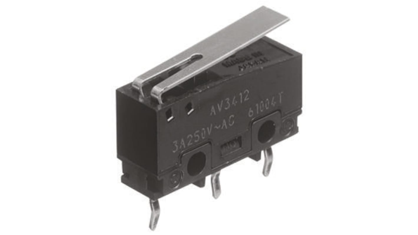 Panasonic Short Hinge Lever Micro Switch, Solder Terminal, 100 mA @ 30 V dc, SP-CO
