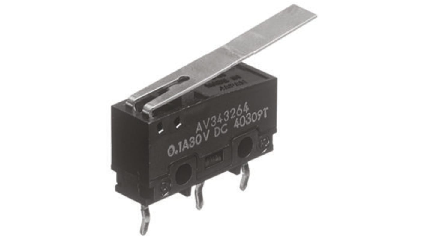 Panasonic Mikroschalter Scharnierhebel lang-Betätiger PCB, 100 mA @ 30 V dc, 1-poliger Wechsler 0,25 N -25°C - +85°C