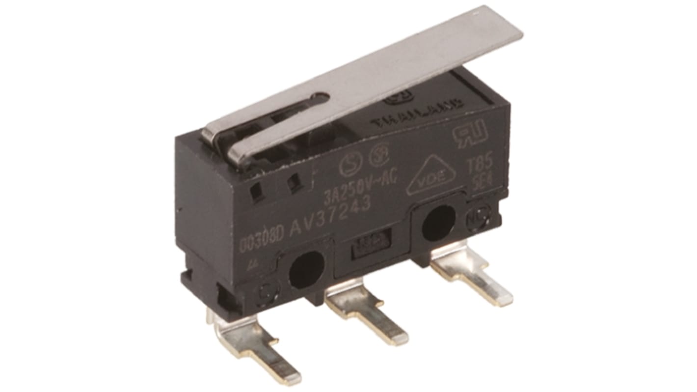 Microrupteur Levier articulé Panasonic, Circuit imprimé à angle gauche, 1 RT, 5 A @ 250 V c.a.