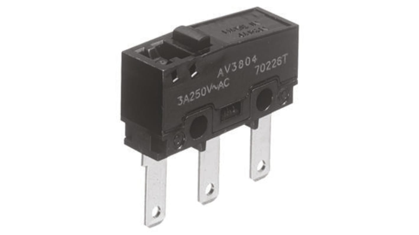 Panasonic Mikroschalter Stift Stößel-Betätiger Flachstecker, 100 mA @ 30 V dc, 1-poliger Wechsler 1,47 N -25°C - +85°C